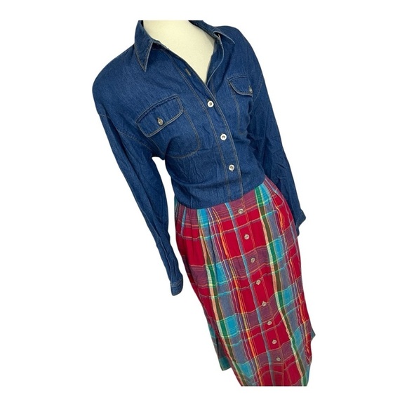 Vintage Red Plaid Denim Long Sleeve Maxi Dress Country Southern Preppy Modest - Picture 3 of 14